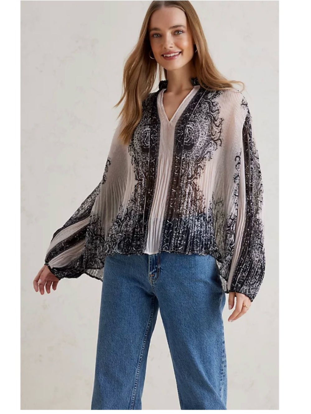 Anthropologie Forever That Girl Sheer Paisley Pleated Relaxed Blouse Black Small